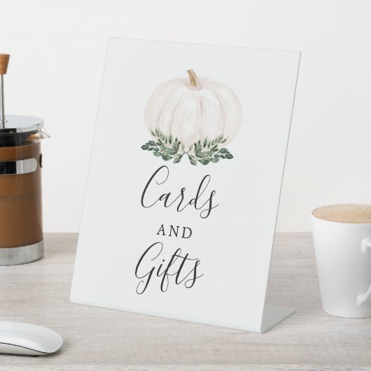 秋グリーンリーホワイトカボチャのカードとギフト 台座サイン (インサイチュ)