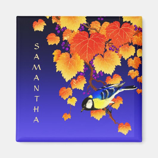 秋グレープつる植物素晴らしティットバードオレンジ葉色の青色 マグネット (正面)