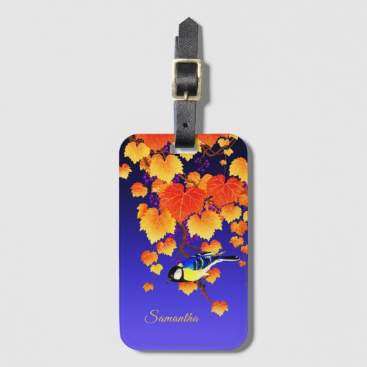 秋グレープつる植物素晴らしティットバードオレンジ葉色の青色 ラゲッジタグ (正面縦)