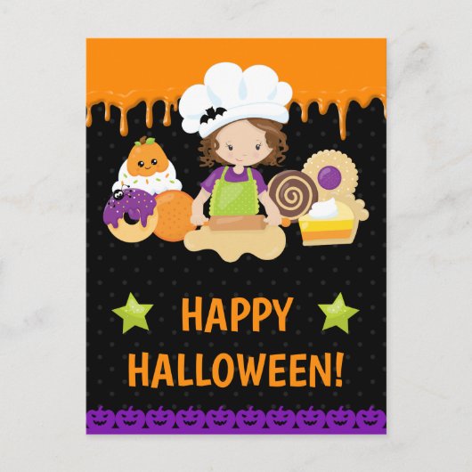 秋ケーキベーキングブルネットガールハッピーハローウィン ポストカード (正面)