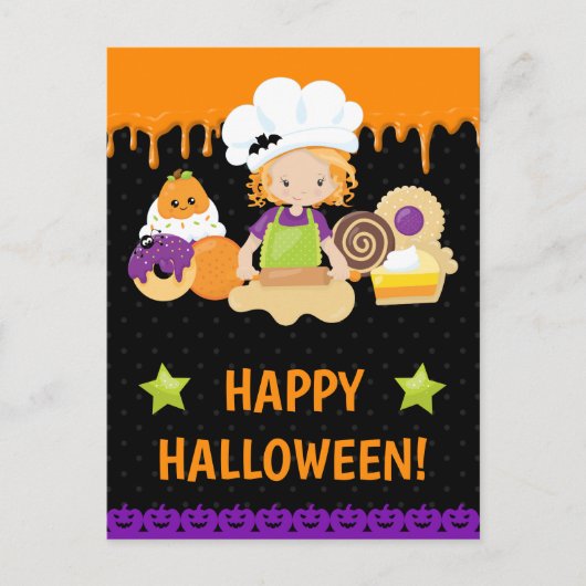 秋ケーキベーキングレッドヘアガールハッピーハローウィン ポストカード (正面)