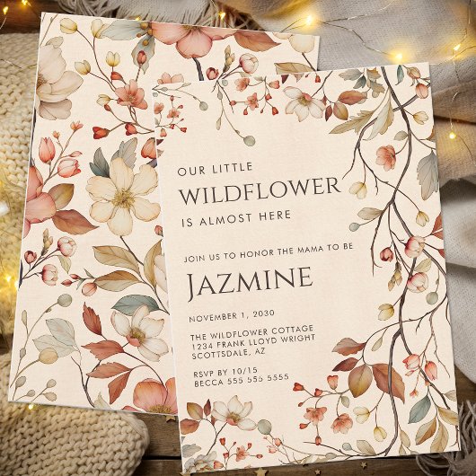 秋コテージコアボホベージュワイルドフラワーベビーシャワー 招待状