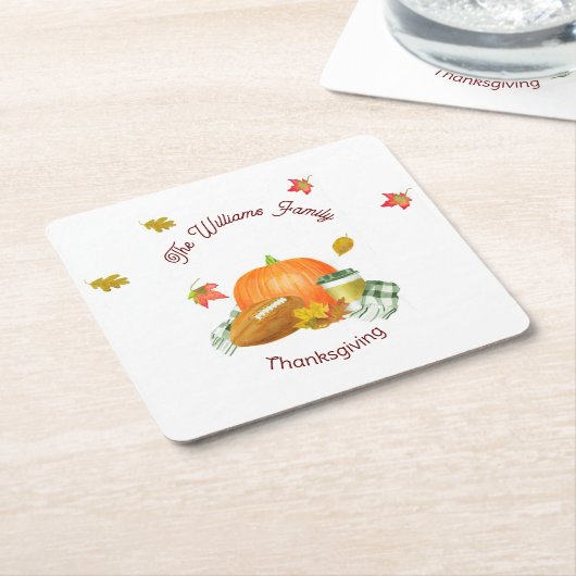 秋サッカーパンプキンラテ水彩 スクエアペーパーコースター (アングル)