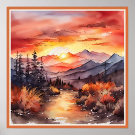 秋サンセットオンザマウンテンウォーターカラーマフェイクット ポスター
