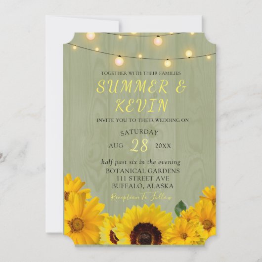 秋サンフラワーサージウッドストリングオブライツ結婚ズ 招待状 (正面)