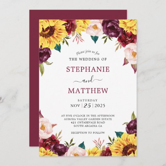 秋サンフラワーレッドローズ結婚フローラ 招待状 (正面/裏面)