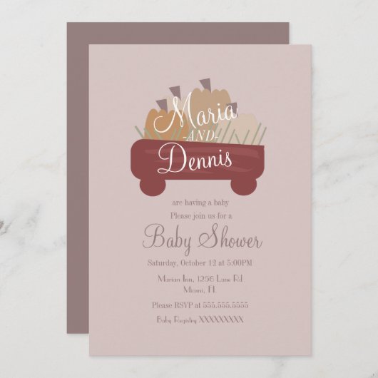 秋シンプルカボチャのニュートラルワゴンベビーシャワー 招待状 (正面/裏面)