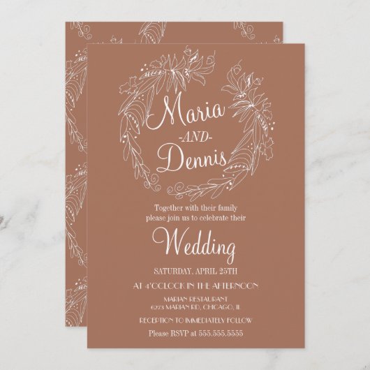 秋シンプルテラコッタグリーンリーラインリース 招待状 (正面/裏面)