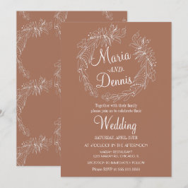 秋シンプルテラコッタグリーンリーラインリース 招待状