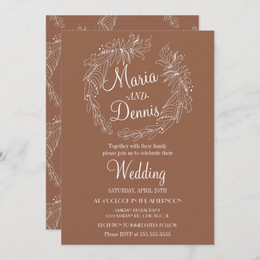 秋シンプルテラコッタグリーンリーラインリース 招待状 (正面/裏面)