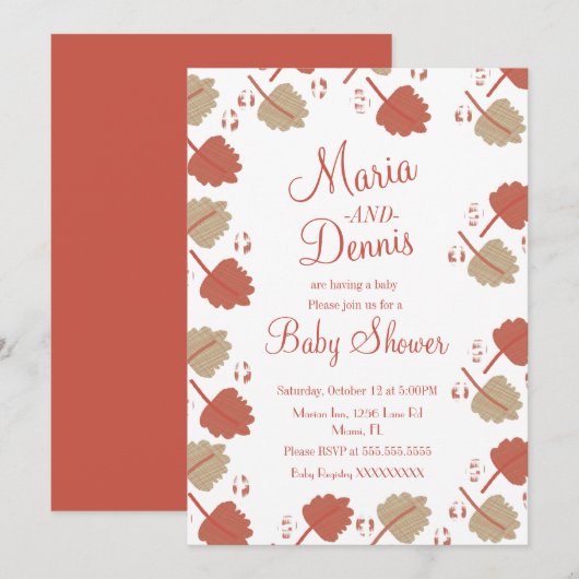 秋シンプルテラコッタヌエトル葉ルベビーシャワー 招待状 (正面/裏面)