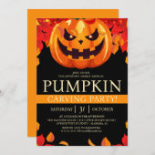 秋シンプルパンプキンカービングパーティーハロウィン不気味 招待状 (正面/裏面)