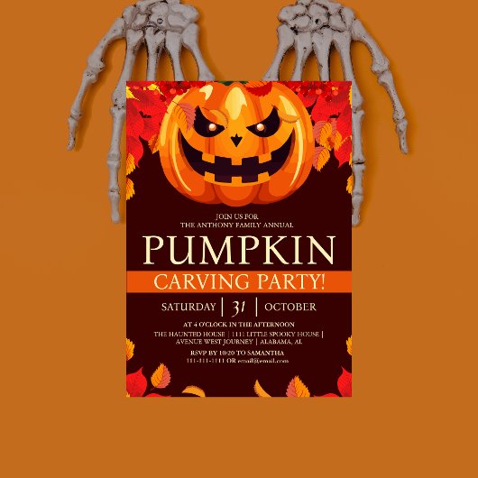 秋シンプルパンプキンカービングパーティーハロウィン不気味 招待状