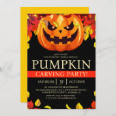 秋シンプルパンプキンカービングパーティーハロウィン不気味 招待状 (正面/裏面)
