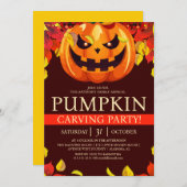 秋シンプルパンプキンカービングパーティーハロウィン不気味 招待状 (正面/裏面)