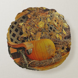 秋シーン – カボチャとビタースウィートつる植物オンベンチ ラウンドクッション