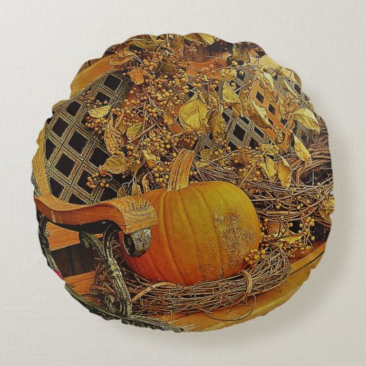 秋シーン – カボチャとビタースウィートつる植物オンベンチ ラウンドクッション (正面)