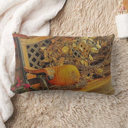 秋シーン – カボチャとビタースウィートつる植物オンベンチ ランバークッション (ブランケット)