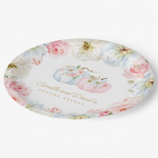 秋ジェンダーがピンクとブルーのカボチャを明らかにする ペーパープレート (アングル)