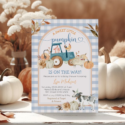 秋スウィートリトルカボキンブルーギンガムベビーシャワー 招待状