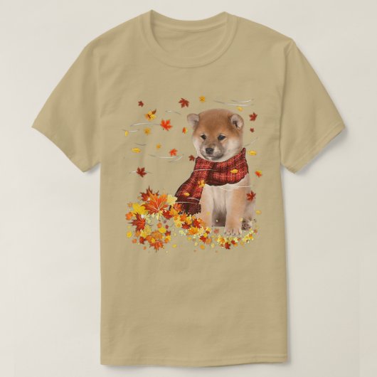 秋スカーフ柴犬ドウオータムフォールン葉ズ Tシャツ (デザイン正面)