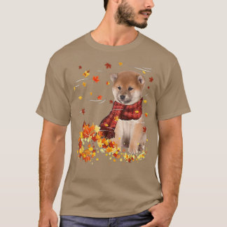 秋スカーフ柴犬ドウオータムフォールン葉ズ Tシャツ