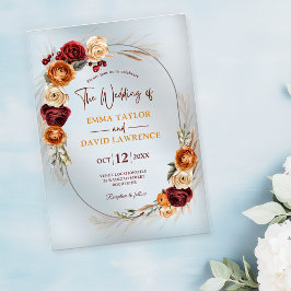 秋スタイリッシュオレンジ色の錆テラコッタフローラ結婚ズ アクリル招待状