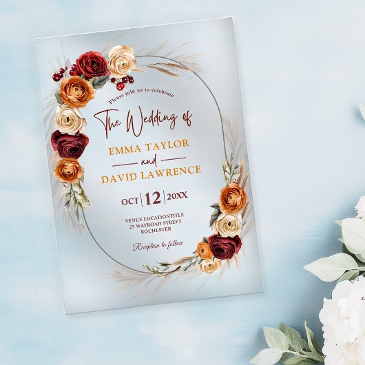 秋スタイリッシュオレンジ色の錆テラコッタフローラ結婚ズ アクリル招待状