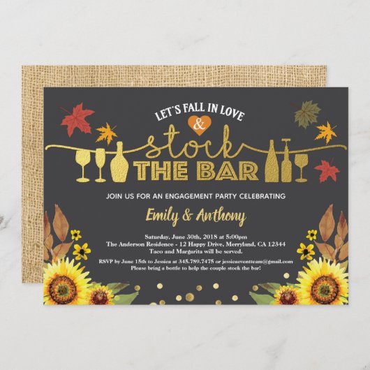 秋ストックバー黒板ひまわり金ゴールド 招待状 (正面/裏面)