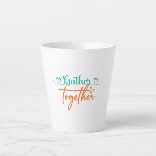 秋タイポグラフィデザイン- "Gather Together"秋 カフェラテマグ (正面)