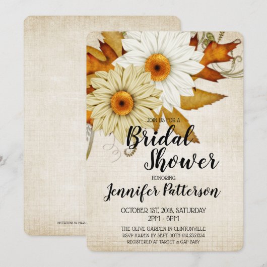 秋タン&ホワイトフラワーズブライダルシャワー 招待状 (正面/裏面)