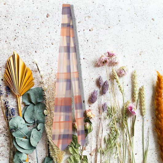 秋タータンチェックプライドbeigeオレンジのプラムチェックモダン ネクタイ