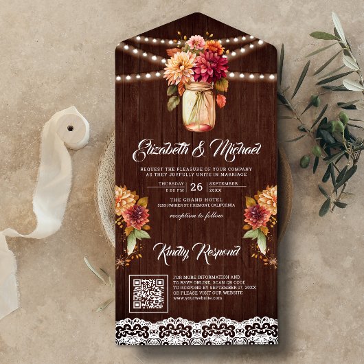 秋ダリアフローラメイスンジャーQRコードウッド結婚ズ オールインワン招待状