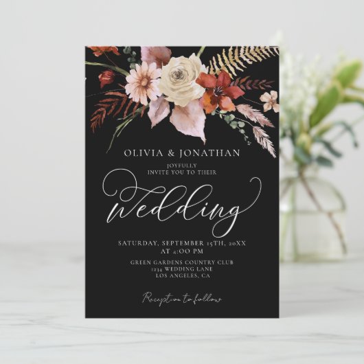 秋ダークムーディーズフローラブラックテラコッタ結婚ズ 招待状 (スタンド正面)