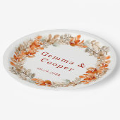 秋ダークレッドオレンジ結婚フローラ ペーパープレート (アングル)