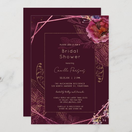 秋ダークワインフローラトレーサリーブライダルシャワー 招待状 (正面/裏面)
