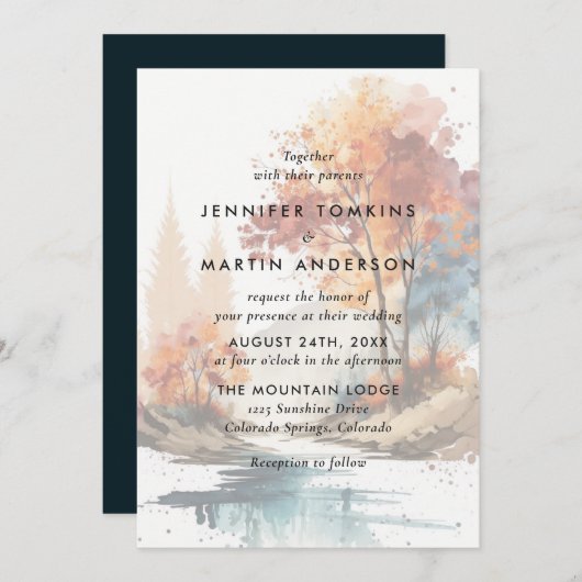 秋ツリーの水の色結婚の 招待状 (正面/裏面)