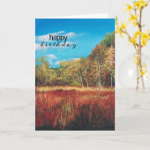 秋ツリーズブルースカイアートハッピーバースデー カード (黄色い花)