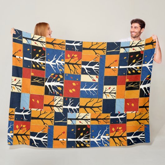 秋ツリー紅葉色パッチワークパターン フリースブランケット (インサイチュ)