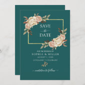 秋ティール（緑がかった色）ウォーターカラーテラコッタフローラ結婚ズ セーブザデート (正面/裏面)