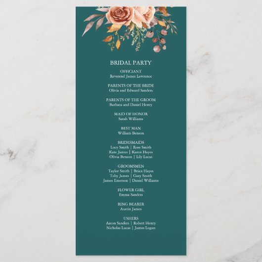 秋ティール（緑がかった色）ウォーターカラーテラコッタフローラ結婚ズ プログラム (裏面)