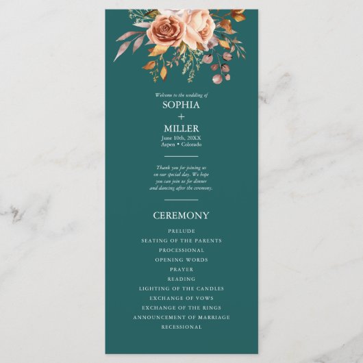 秋ティール（緑がかった色）ウォーターカラーテラコッタフローラ結婚ズ プログラム (正面)