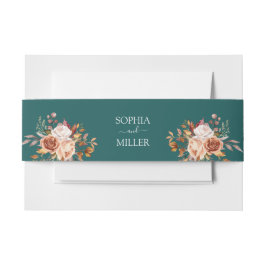 秋ティール（緑がかった色）ウォーターカラーテラコッタフローラ結婚ズ 招待状ベリーバンド