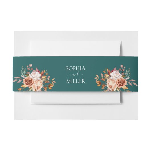 秋ティール（緑がかった色）ウォーターカラーテラコッタフローラ結婚ズ 招待状ベリーバンド (正面例)