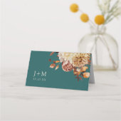 秋ティール（緑がかった色）テラコッタウォーターカラーフローラ結婚ズ プレイスカード (裏面)