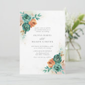 秋ティール(緑がかった色)バーンオレンジボタニカルフローラ結婚ズ 招待状 (スタンド正面)