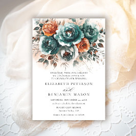 秋ティール(緑がかった色)バーントオレンジフローラブーケ結婚ス 招待状