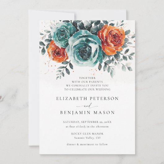 秋ティール（緑がかった色）バーントオレンジフローラロマン結婚ティーズ 招待状 (正面)