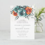 秋ティール(緑がかった色)バーントオレンジフローラロマン結婚ティーズ 招待状 (スタンド正面)