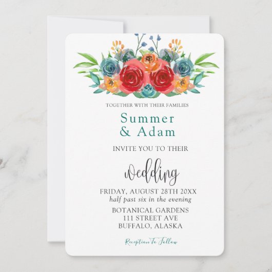 秋ティール(緑がかった色)レッドオレンジウォーター色のバラ結婚ズインビ 招待状 (正面)